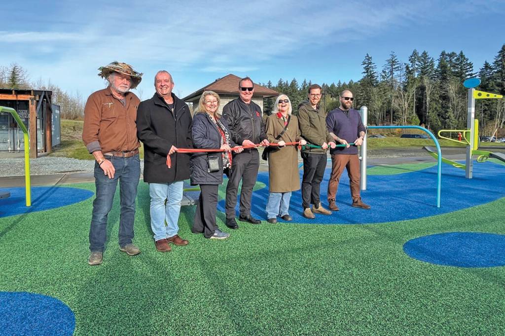 Celebrating the opening of the town&rsquo;s new outdoor fitness complex are Ladysmith councillor Duck Paterson, Coun. Jeff Virtanen, Mayor Deena Beeston, Lot 108 Enhancement Society member Jason Kelland, Coun. Tricia McKay, Coun. Ray Gourlay and town Health and Wellness programmer Clinton Thomas. The new facility on an all weather surface is located next to Forrest Field at Lot 108. (Town of Ladysmith photo)