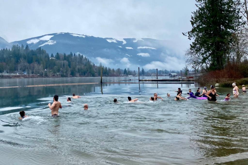 More than a dozen braved the icy water of Cowichan Lake on Jan. 1, 2026. (Cheryl Morgan photo)