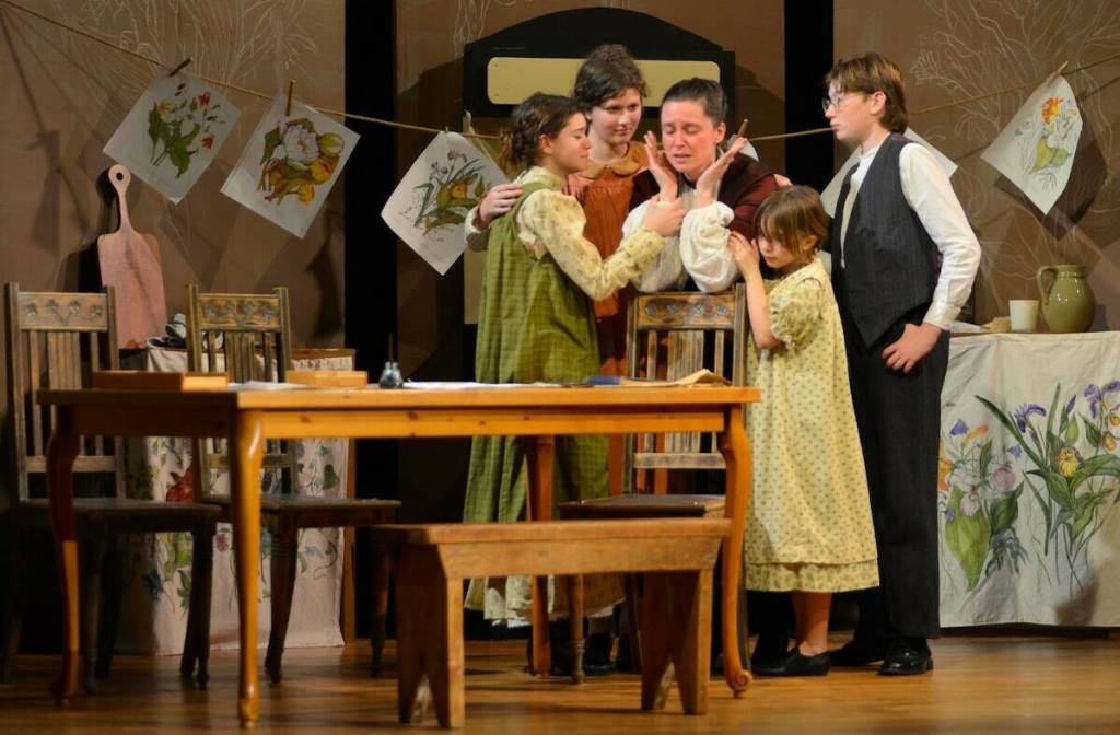 &lsquo;Canadian Wild Flowers&rsquo; is a beautiful script based on a true story and written by the valley&rsquo;s own Louise Phillips. It blooms on the Heritage Hall stage inside Duncan United Church until March 8. Aria Interlandi (left), MacKenzie Raifs, Laura Interlandi, Willow Interlandi, and Quinn Conway pose together as the Fitzgibbon family. (Photo by Rien Vesseur)