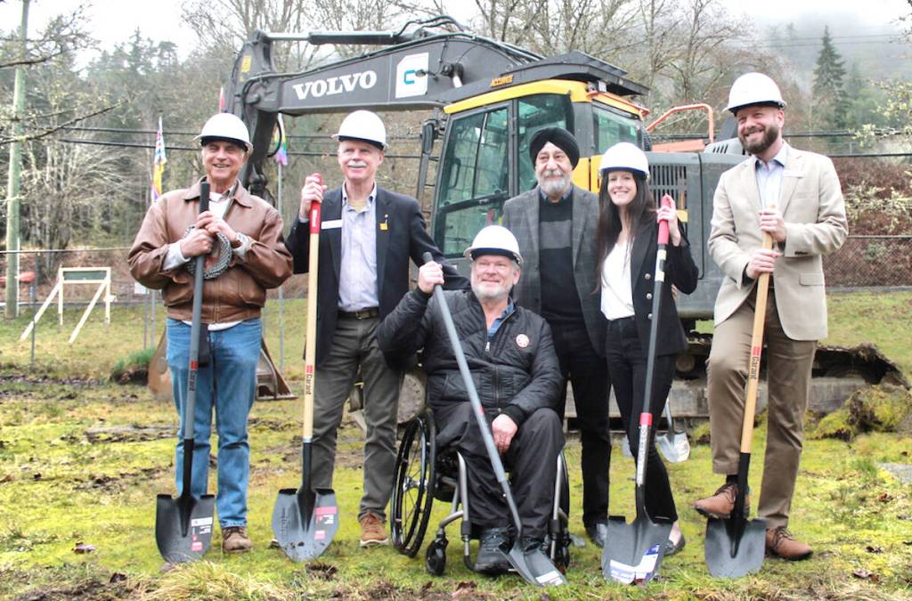 Easter Seals BC/Yukon dug into the first phase of Easter Seals Camp Shawnigan&rsquo;s bold redesign on the rainy morning of March 6. Area C Director Mike Wilson (left), Area D Director Hilary Abbott, Juan de Fuca-Malahat MLA Dana Lajeunesse, Municipality of North Cowichan Director Tek Manhas, Capital Campaign manager Elena Lawson, and Easter Seals BC/Yukon acting CEO Tristan Klassen. (Chadd Cawson/Citizen)